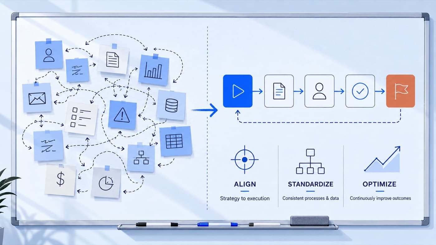 A whiteboard where a tangle of sticky notes and arrows on the left resolves into a clean routed flow on the right.