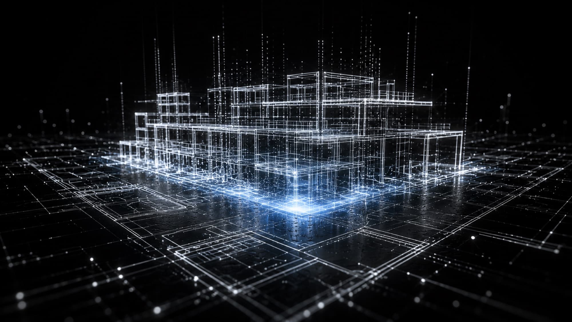A structure rendered as a luminous wireframe rising from a blueprint grid